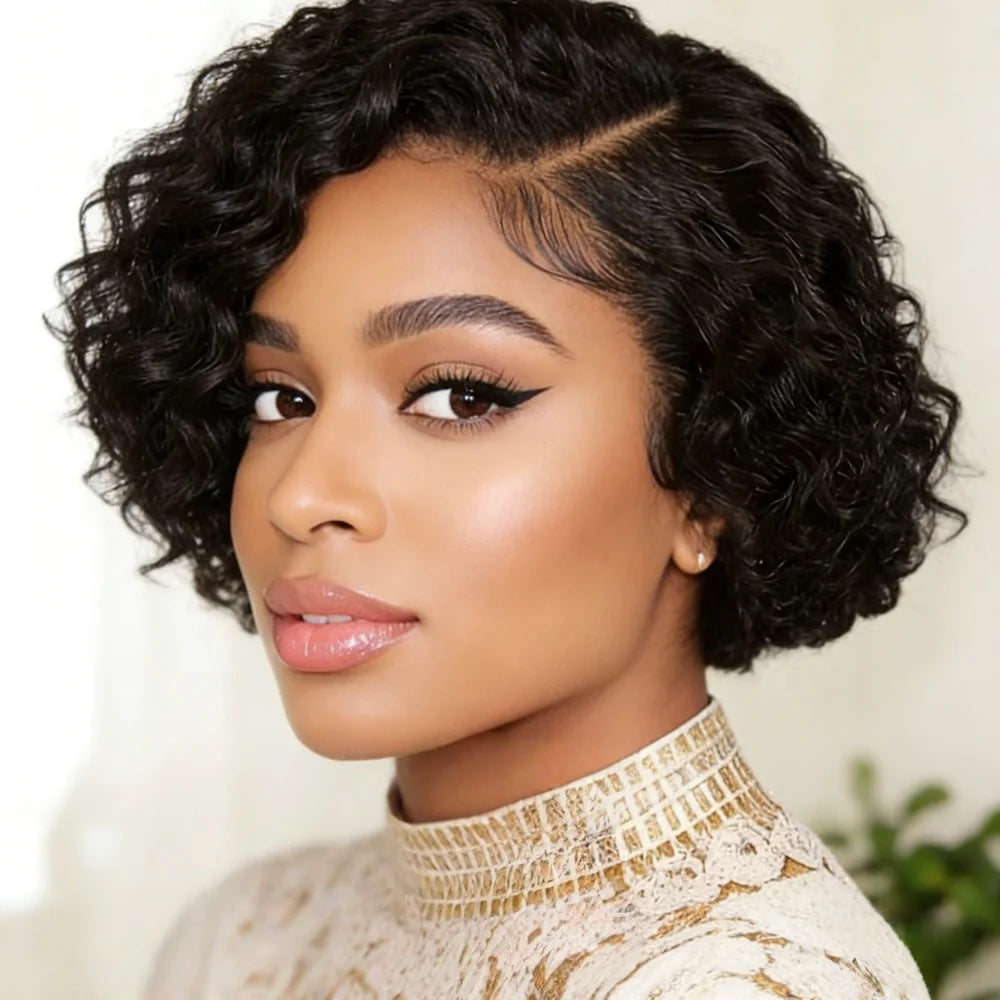 Natural Black Short Curly Pixie Lace Front Wig for Women