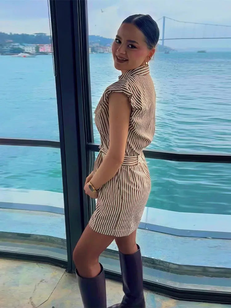 Elegant Striped Sleeveless Playsuit With Belt for Women