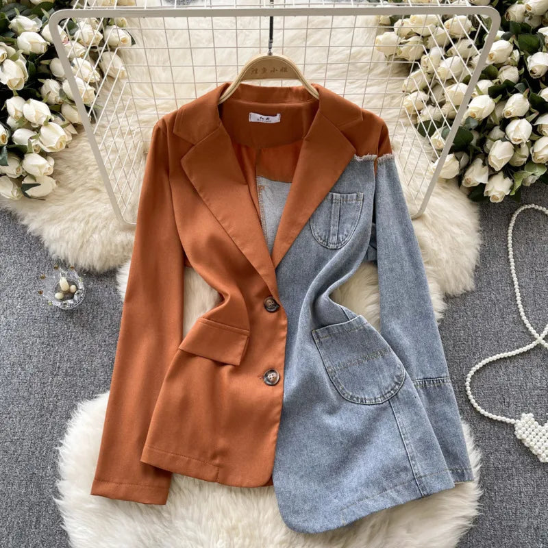 ANJY Autumn New Women Vintage Streetwear Ins Stylish Denim Patchwork Single Breasted Coat Casual Elegant Asymmetric Blazer A8421