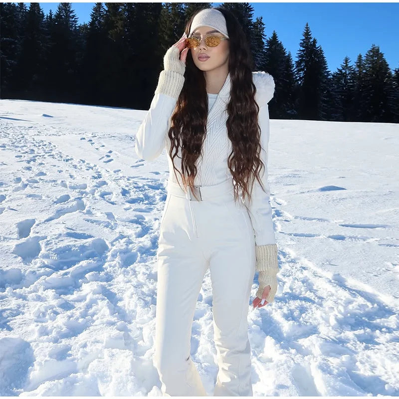 Warm Fur Trim Hooded Winter Ski Suit with Belt for Women