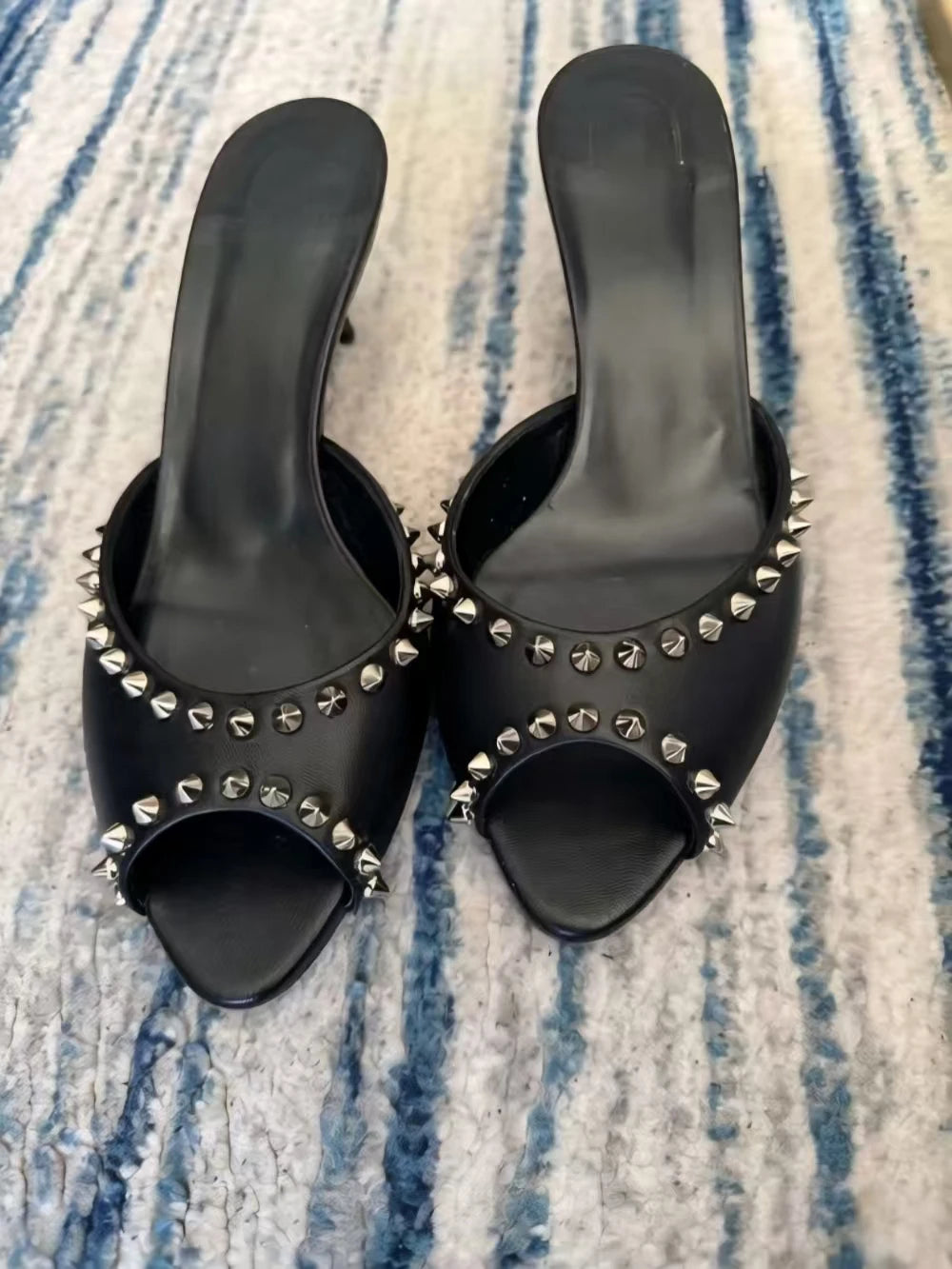 Black Studded Leather Slingback Sandals