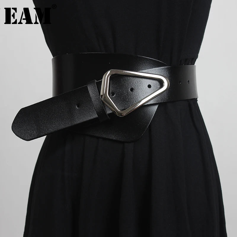 [EAM]  Irregular Genuine Leather Wide Multicolor Belt Personality Women New Fashion Tide All-match Spring Autumn 2025 1DD3996