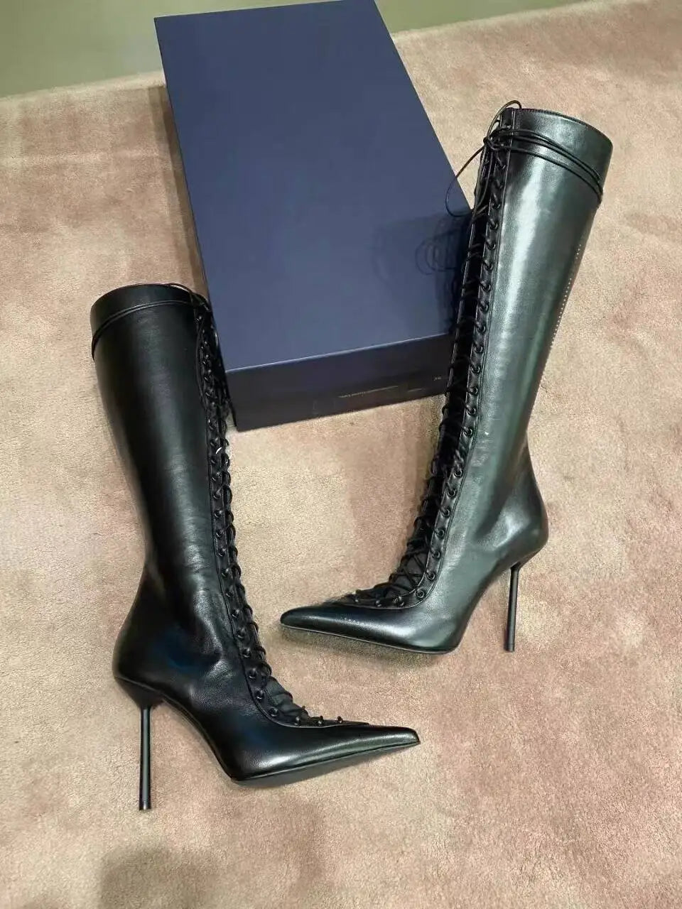 Lace Up Knee High Heeled Boots With Side Zipper for Women