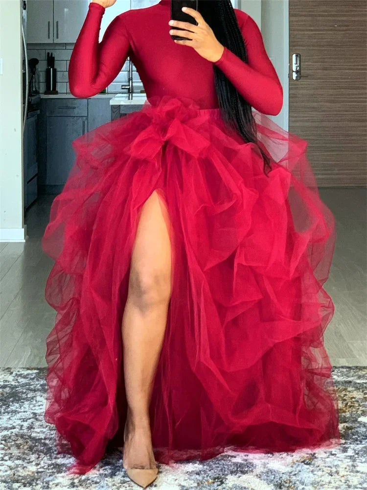 Elegant Layered Tulle Tutu Skirt With High Waist Slit for Women