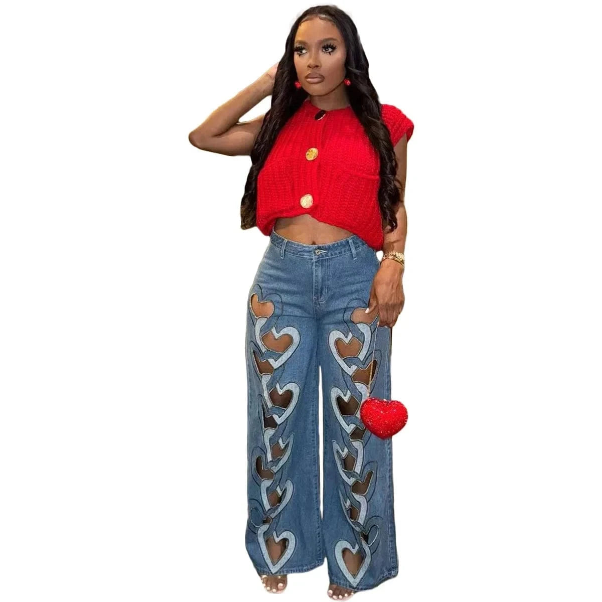 CM.YAYA Women Vintage Cutout Love Hollow Out Cross Straight Denim Pants 2025 Fall Fashion INS High Waist Wide Leg Jeans Trousers