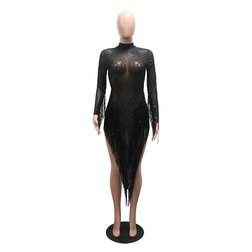 Rhinestone Mesh Tassel Bodycon Mini Dress for Women