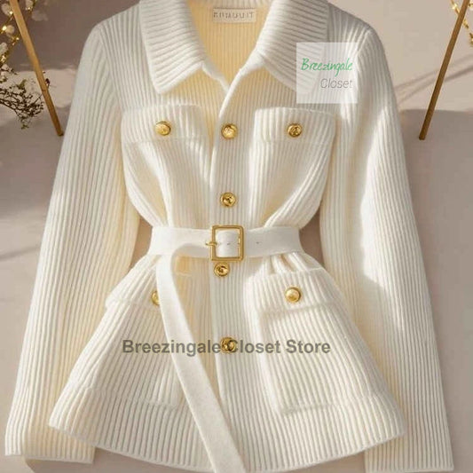 French fashion high-end white knitted cardigan top for women's spring new design, casual soft and sticky sweater jacket