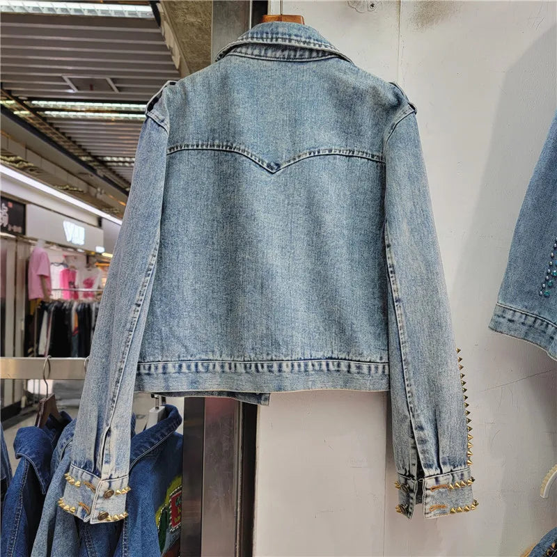 Elegant Rhinestone Beaded Lapel Denim Jacket for Women