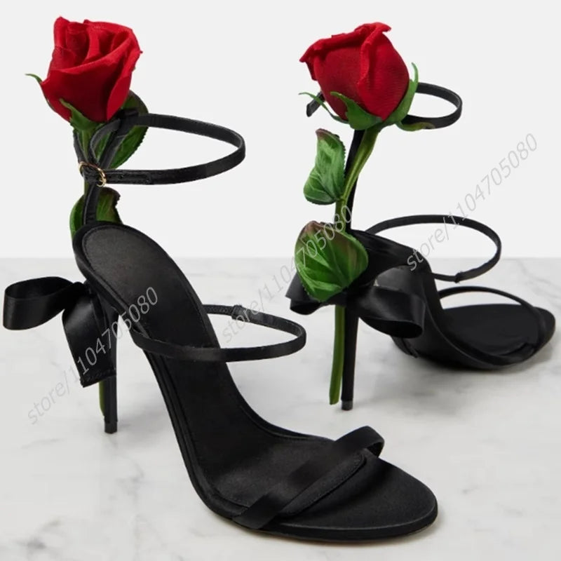 Elegant Black Leather Rose Flower Heel Sandals For Women