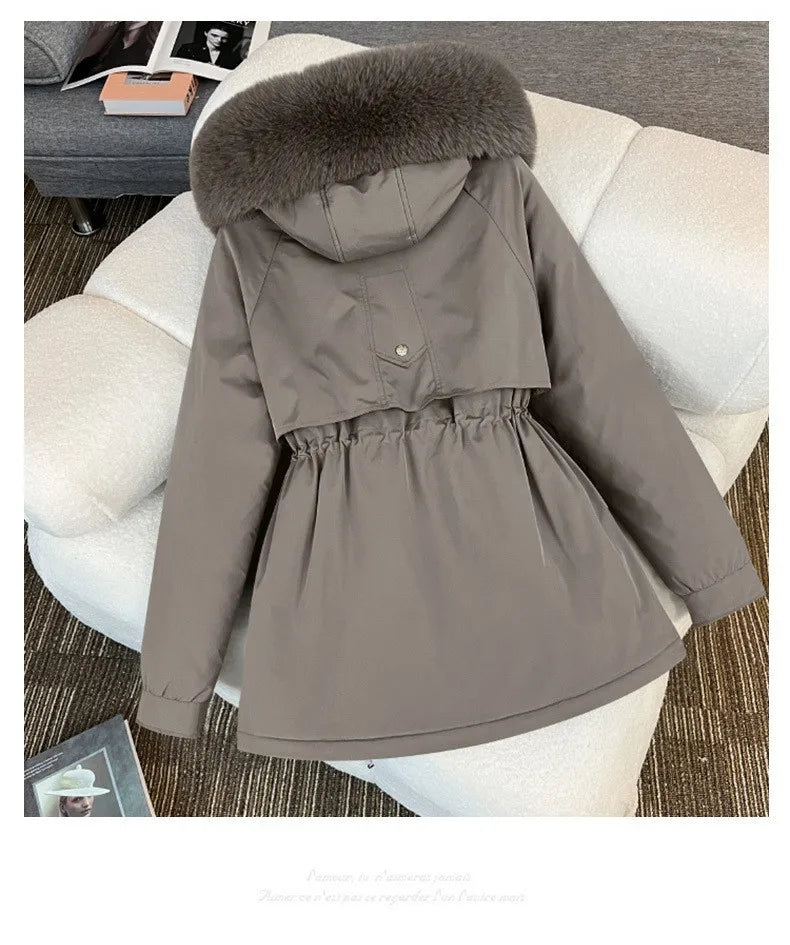 Korean Style Quilted Hooded Coat With Fur Collar For Women
