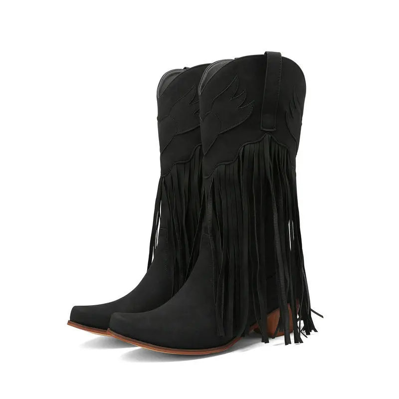Retro Western Style Mid Calf Boots With Block Heel Tassels For Women