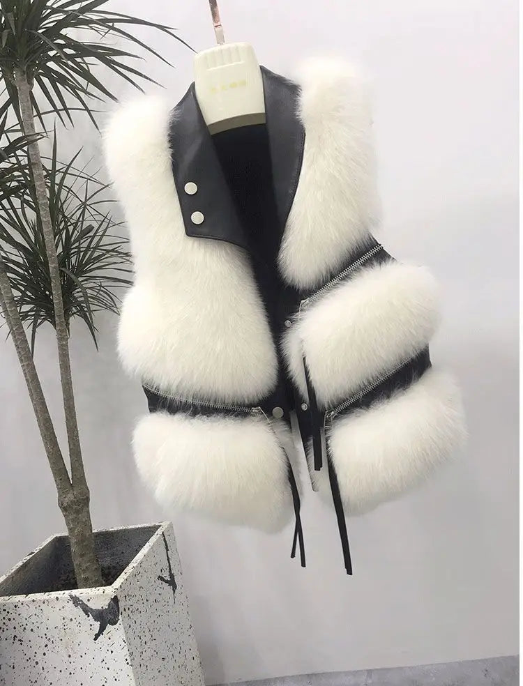 Women's Vest Short Coat Slim Fit Fashionable Young Style, Versatile for Autumn and Winter, 2024 Splicing Imitation Fur Jacket