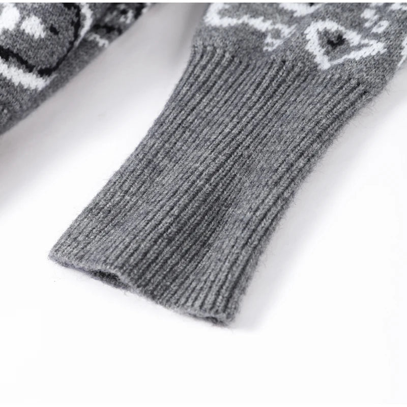 Gray Jacquard Knit Loose Cardigan Long Sleeve Casual for Women