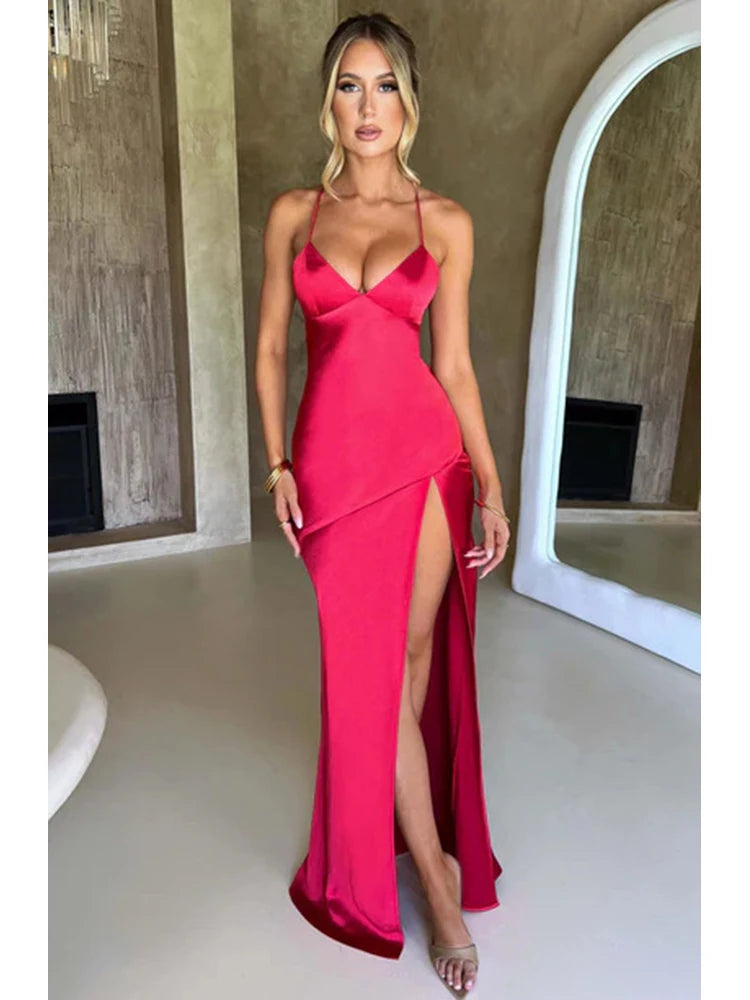 Elegant Backless Satin Maxi Dress With Lace Up For Women