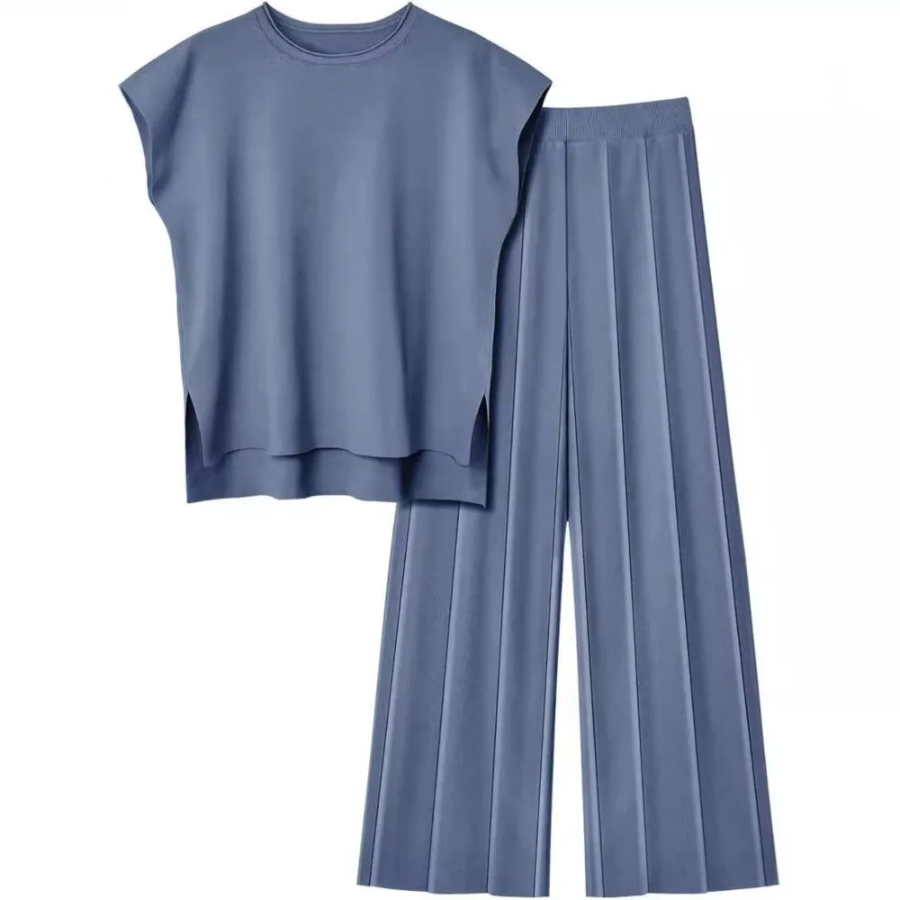 Summer Soft Knit Sleeveless Vest and Wide Leg Pants Set for Women