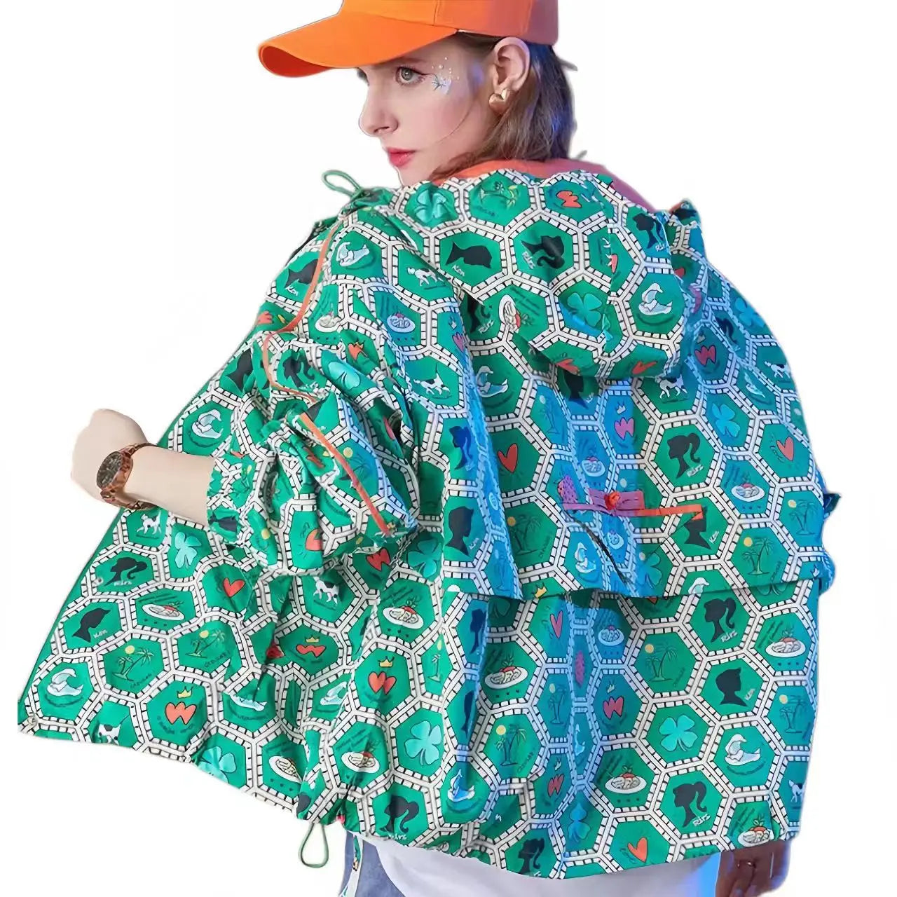 Women's Hooded Zipper Jacket, Casual Outerwear, Loose Tops, Print Doodle Coats, Female Clothing, Autumn, Winter, New