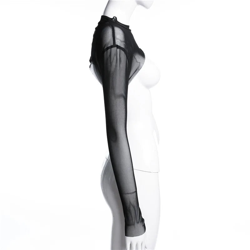 Sexy Women Crop Top Mesh Sleeve T-Shirt Sexy Tops Hollow Out Transparent Tops Ladies T Shirt Black Top Casual T-shirt Tee Shirts