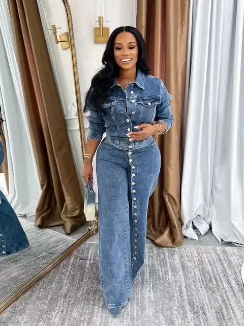 Denim Jacket And Straight Leg Pants Set