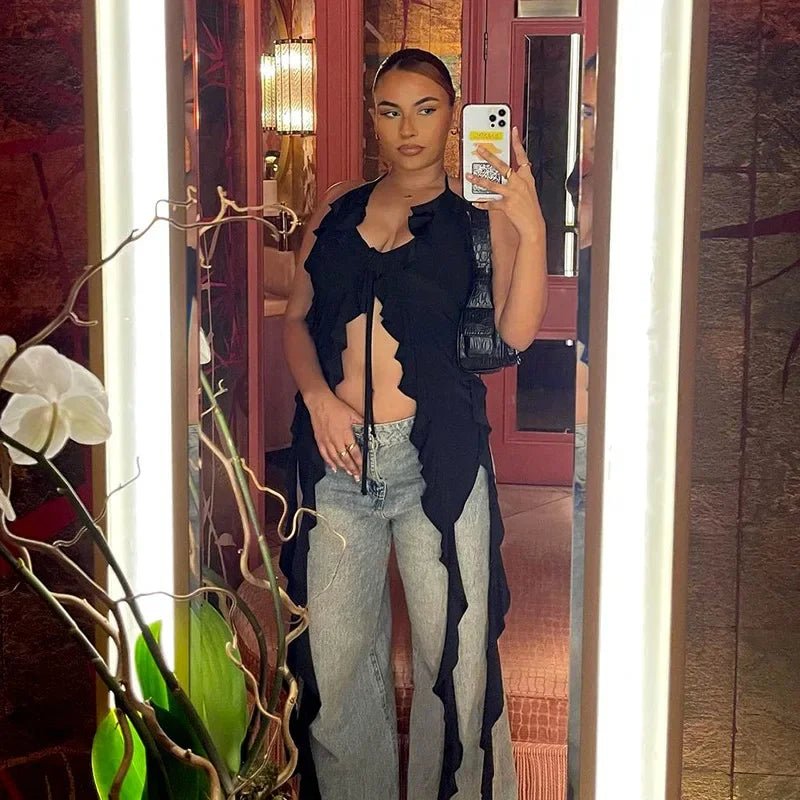 Y2K Sheer Mesh Spaghetti Strap Camisole Top White Ruffle Fringe Halter Tops Coquette Fairy Core Clothes 2024 Fashion