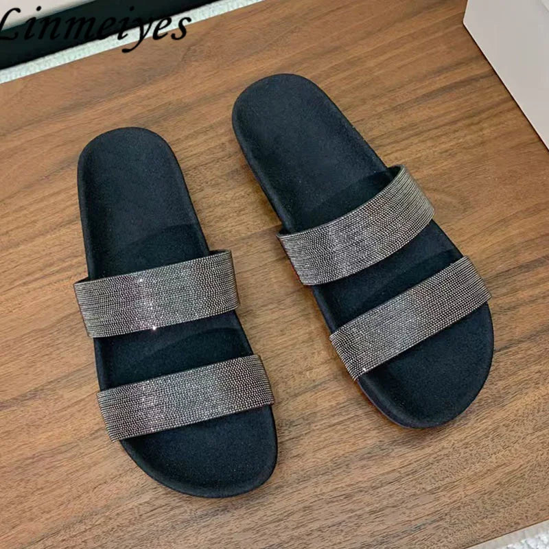 Cow Suede Bead Chain Narrow Strap Slippers for Women