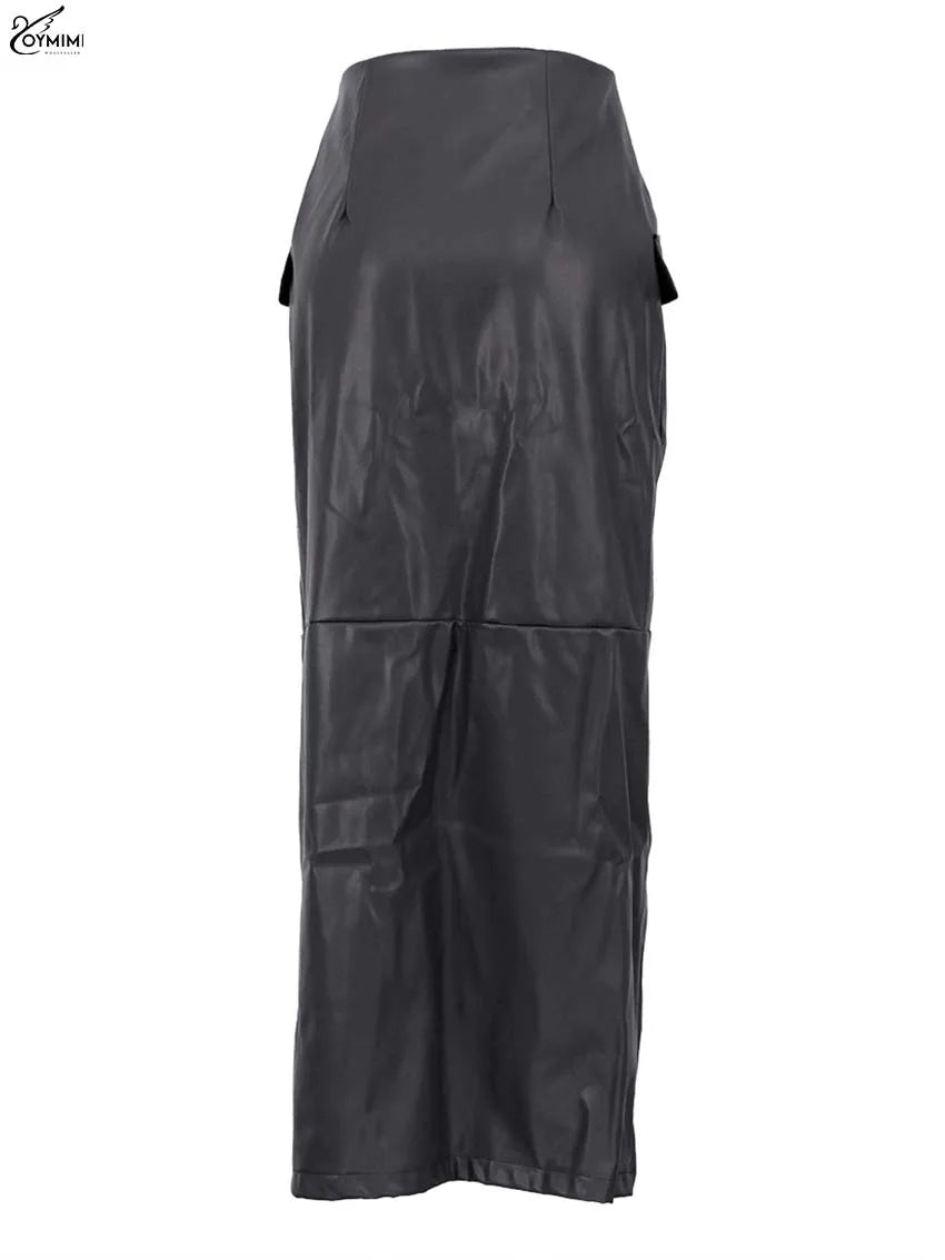 Oymimi Casual Black Pu Leather Skirts For Woman Elegant Button High Waisted Skirts Fashion Pockets Straight Skirt Streetwear