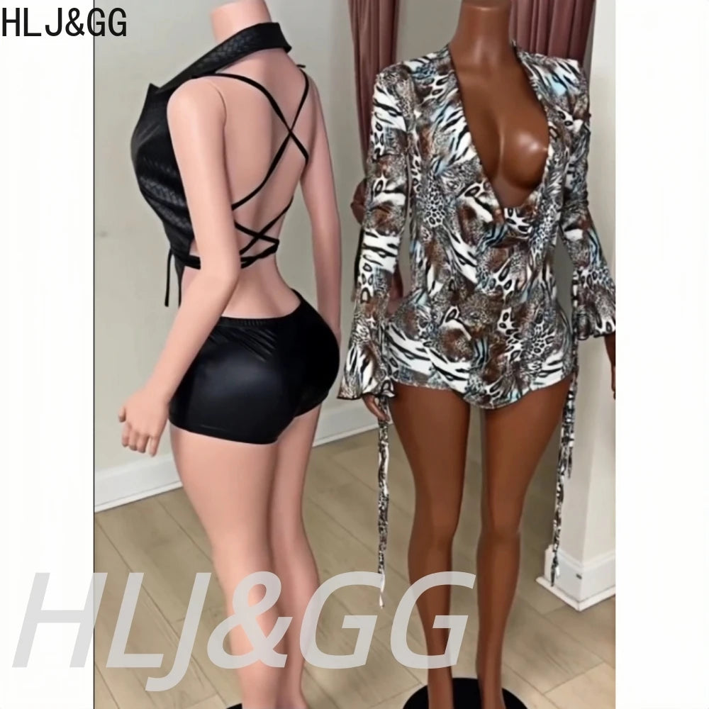 Sleek Black Leather Sleeveless Backless Two Piece Set for Women