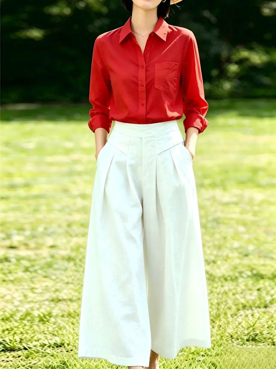 High-Waisted Cotton Linen Wide-Leg Culottes for Women