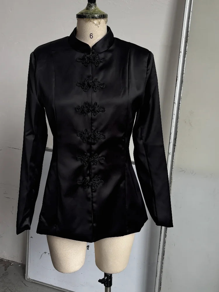 Elegant Satin Frog Button Standup Collar Jacket for Women