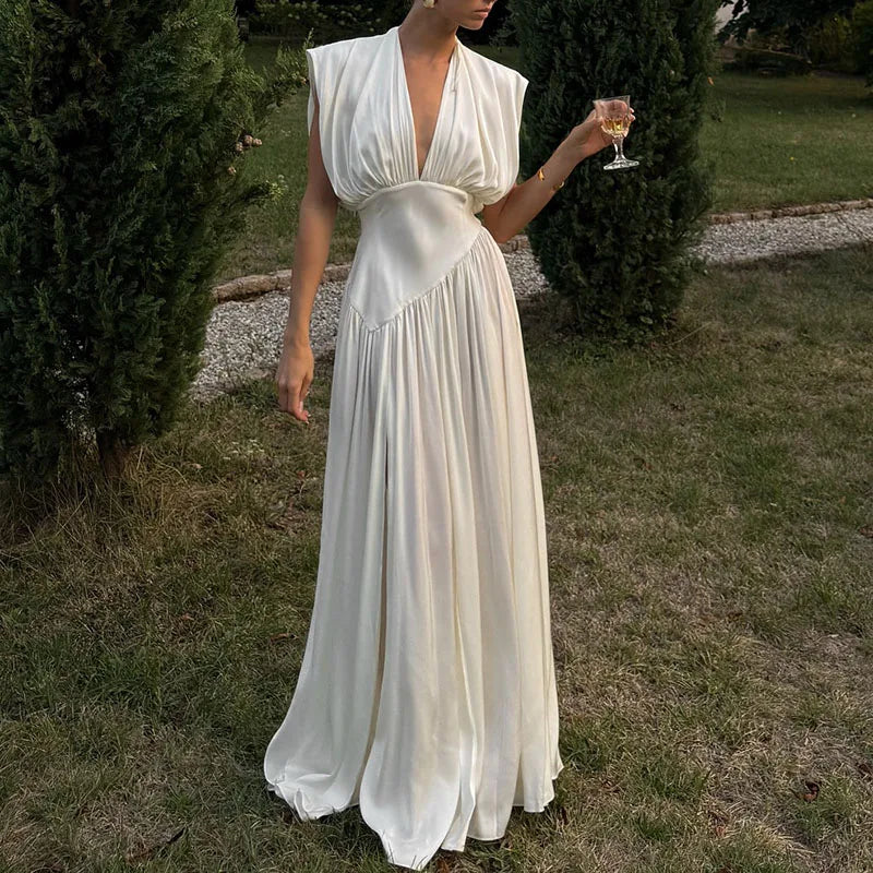 Deep V Sleeveless Pleated Satin High Waisted Evening Dress for Women