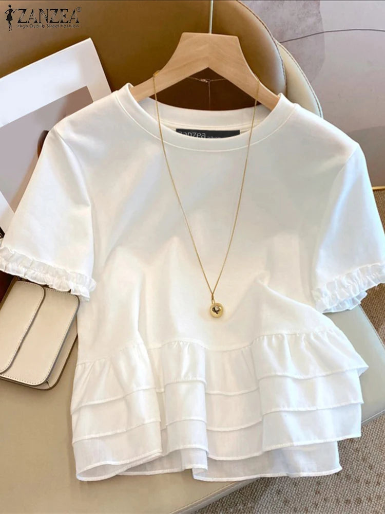 ZANZEA Woman Summer Fashion Chic T-Shirts Round Neck Short Sleeve Ruffle Trim Layered Hem Contrast-Color Casual Patchwork Tees