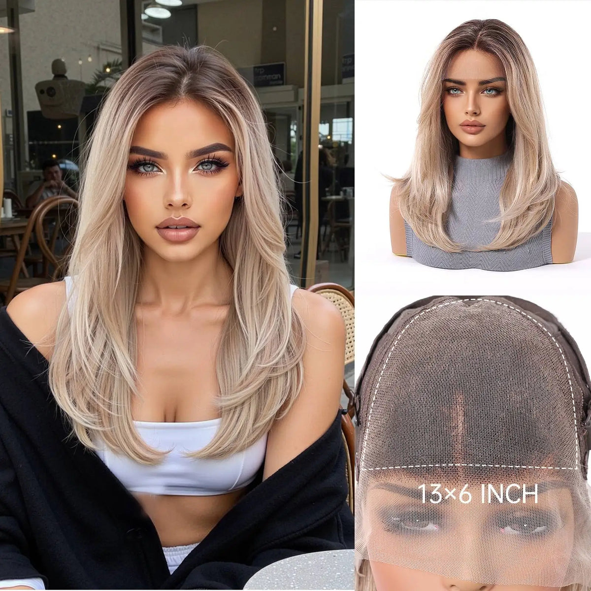 Long Layered Ash Blonde Highlight Lace Front Wig for Women