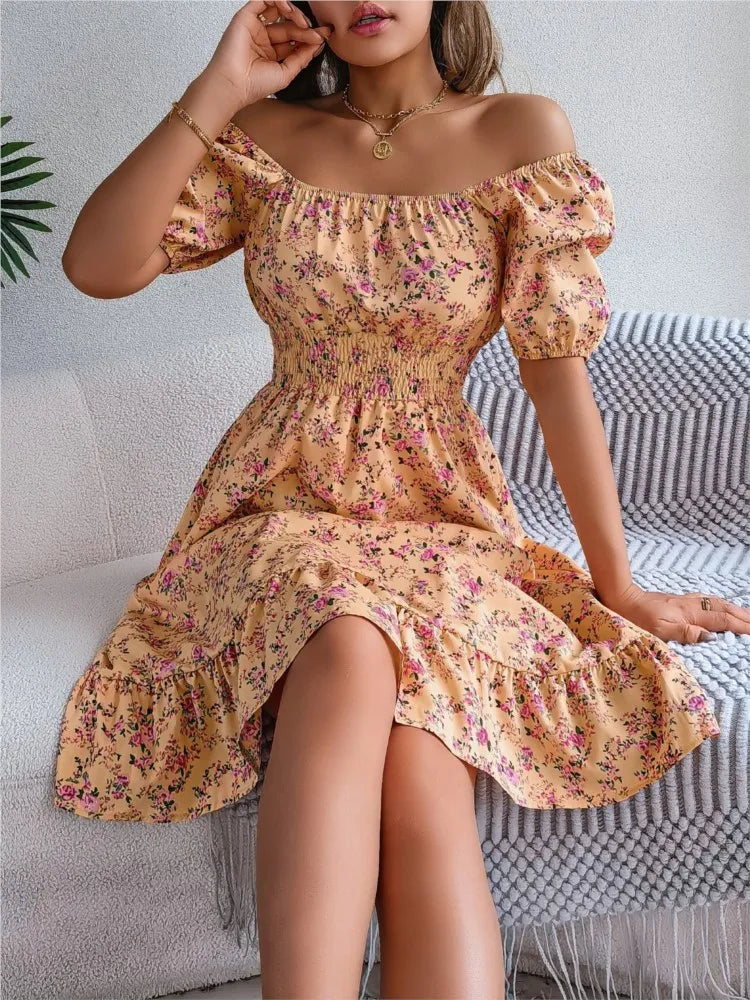 Floral Square Neck Short Sleeve High Waist Swing Dress for Women