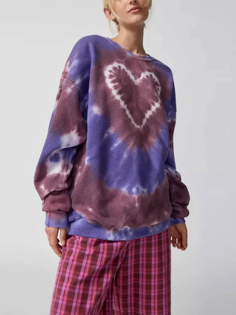 Women's Spring and Autumn Loose Heart Tie Dye Round Neck Sweatshirt Long Sleeve Heart Tie Dye Printed Round Neck Sweatshirt