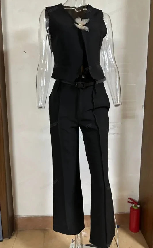 Slanted Neck Top and High Waist Pants Two Piece Set for Women