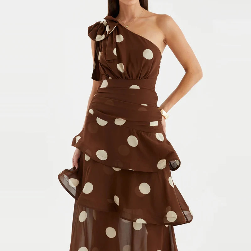 Elegant Polka Dot Ruffle Draped Maxi Dress for Women