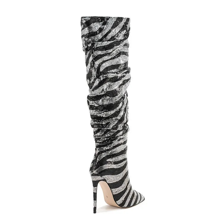 Sequined Pointed Toe Knee High Heeled Boots for Women