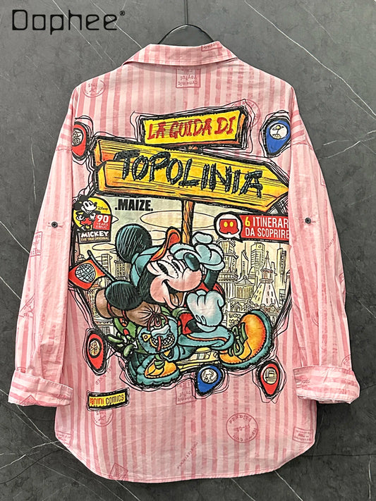 Spring and Summer New Cartoon Design Striped Long-sleeved Shirt Women's Loose Sweet College Style Long Pink Top Single Breasted