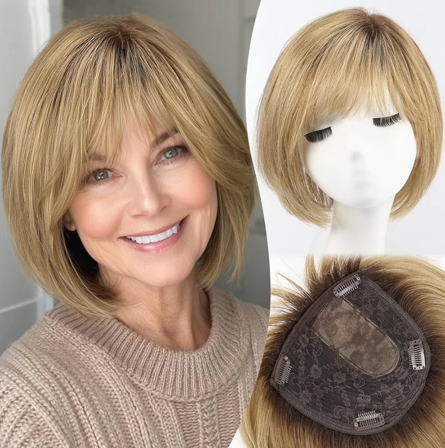 Silver Gray Remy Human Hair Topper With Bangs For Women