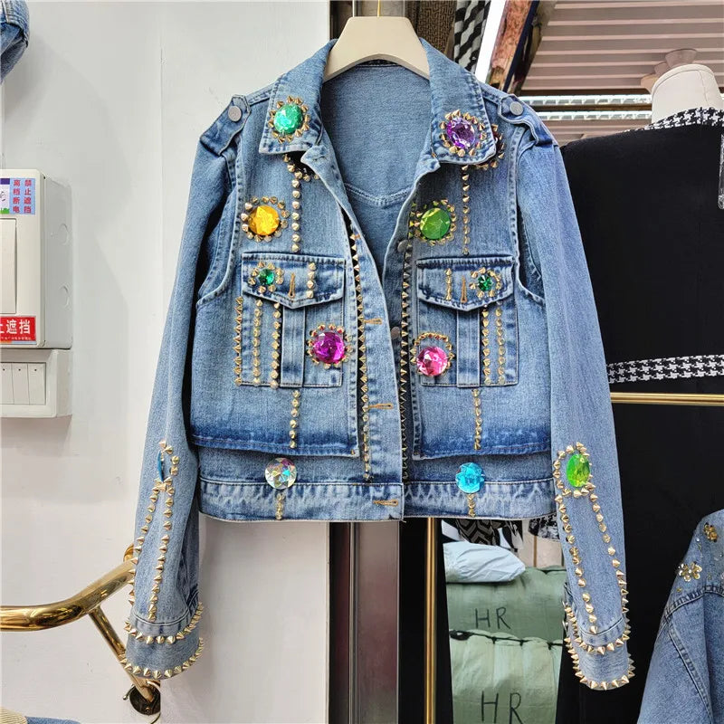 Elegant Rhinestone Beaded Lapel Denim Jacket for Women
