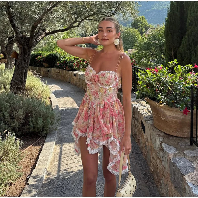 Floral Lace Backless Pleated Party Dress for Women