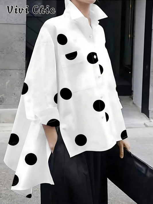 Women's Loose-Fit Polka Dot Shirt, Casual Summer Top, Kint Fabric, Moderate Thickness, Perfect for Daily Wear