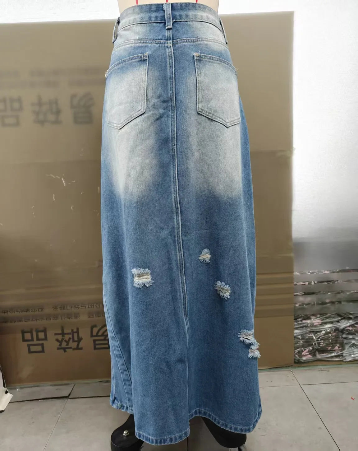 Distressed High Waist Denim Skirt With Irregular Hem For Women