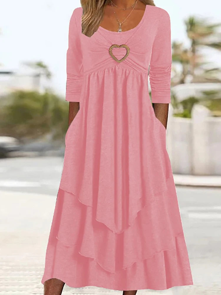 Long Sleeve Patchwork Midi Dress With Pockets for Women