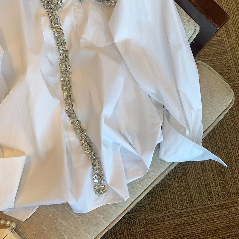 Oversized White Long Sleeve Button Up Shirt for Women