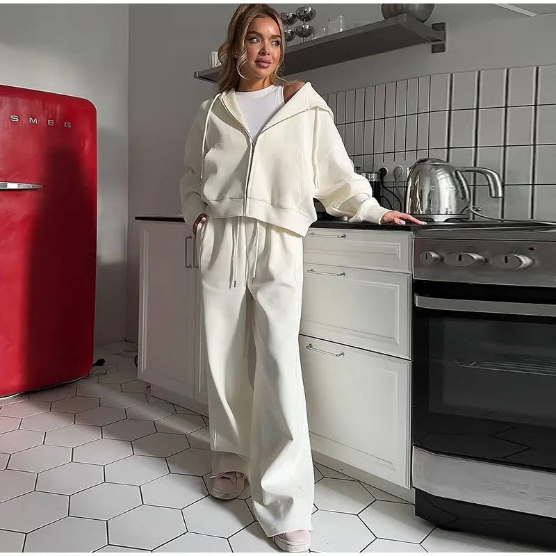 Casual Hooded Jacket and Wide Leg Pants Set for Women