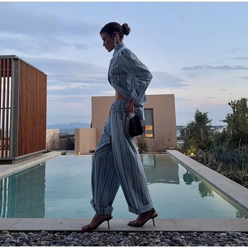 Blue Striped Puff Shoulder Shirt And Pants Set For Women