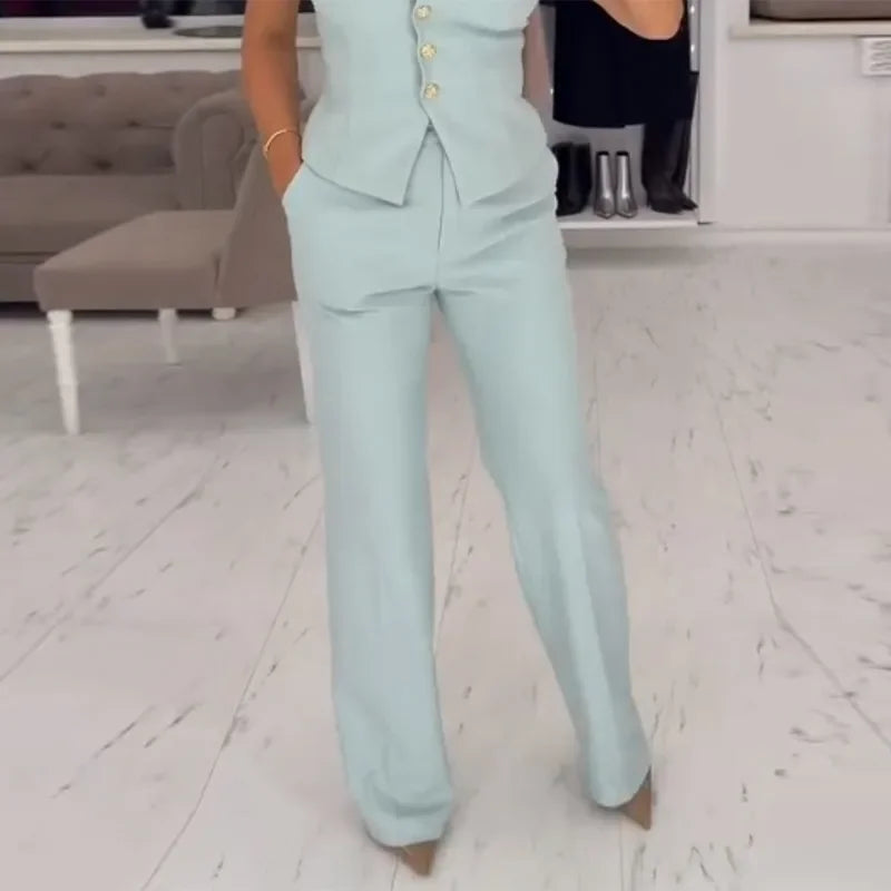 Waist Cinched Tailored Suit Set With Wide Leg Pants For Women