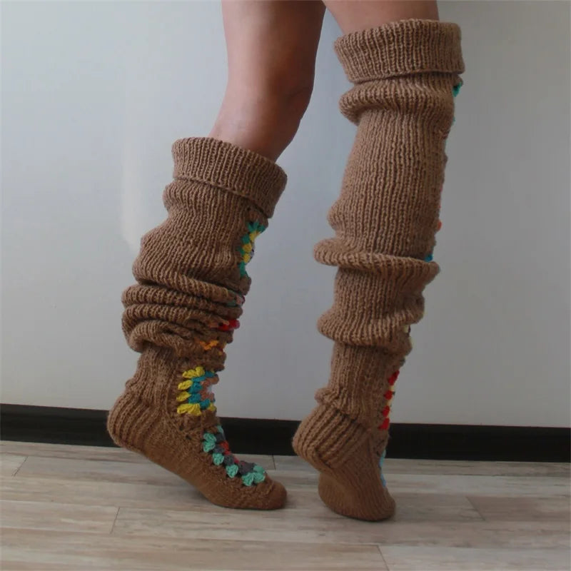 Ethnic Crochet Knit Autumn Winter Thigh High Socks for Women