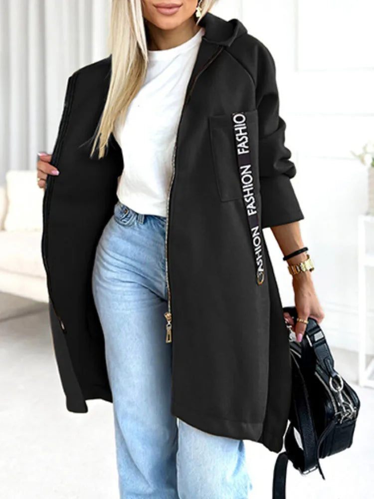 Autumn Winter Pockets Spliced Zipper Coat New Thick Warm Solid Color Women's Jacket Hooded Sports Long Sleeved Lady Outerwear