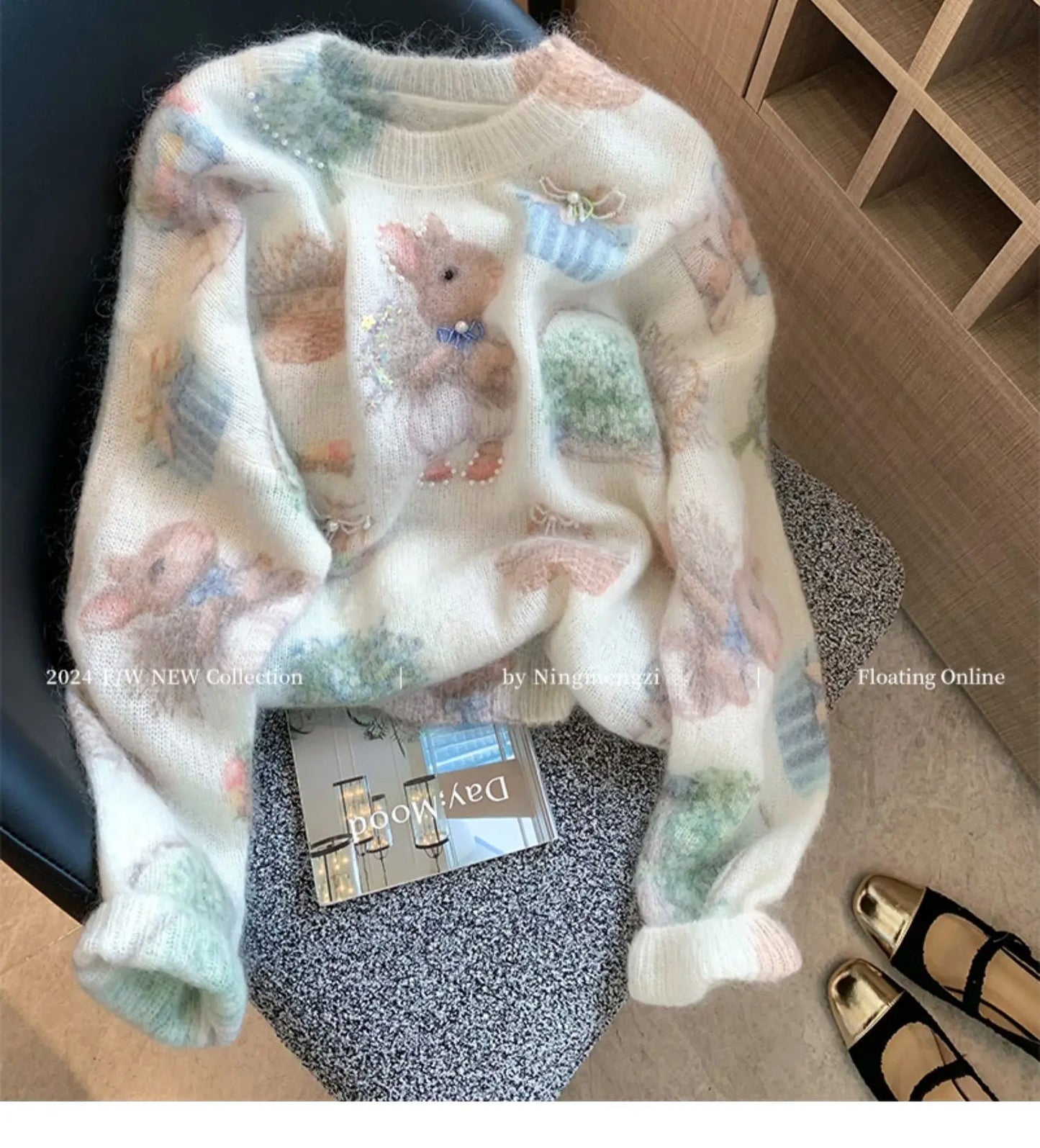 Rabbit Print Beaded Knit Sweater